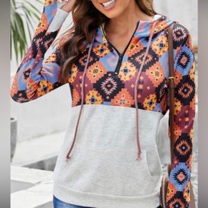 🌸.  #703-Orange boho color block patchwork zip color sweatshirt